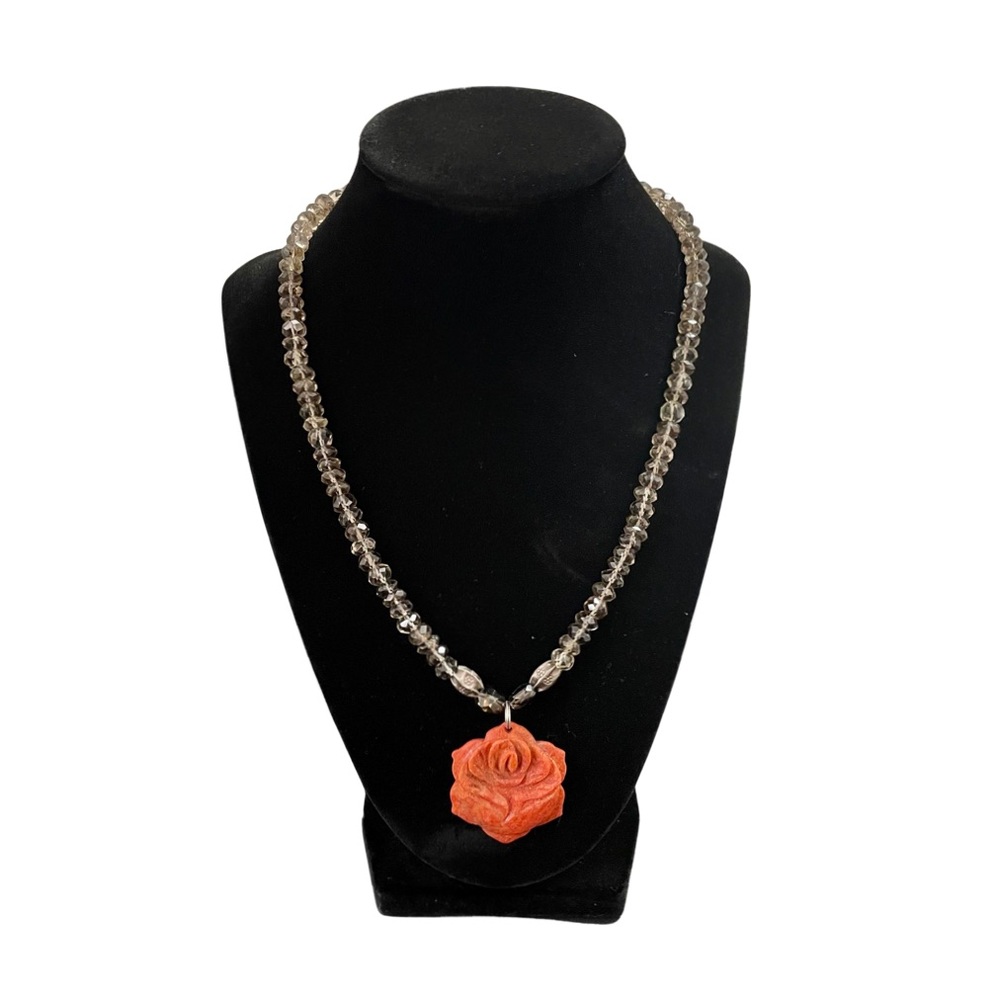 Taupe Crystal Necklace with Coral Rose Pendant
